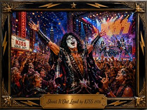 A jubilant rock frontman dominates a packed nighttime concert scene, arms raised as cheering fans surge around him beneath confetti and blazing stage lights. Crimson, electric blue, gold, and deep black create a vivid theatrical palette. The detailed acrylic style, city backdrop, illuminated stage, ornate black-and-gold frame, and engraved title plate heighten the triumphant energy.