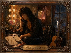 A solitary rock musician sits backstage on the telephone, surrounded by a glowing vanity, handwritten notes, flowers, an acoustic guitar, and distant stage lights. Warm amber and brown tones contrast with rainy blue city windows, creating a tender, nostalgic mood. Rich oil-paint textures and an ornate floral frame complete the scene.