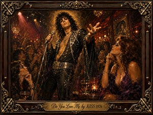 A charismatic glam-rock singer commands a lavish 1970s nightclub stage, reaching toward an admiring crowd beneath smoky amber spotlights. Rich blacks, crimson, purple, and gold create a seductive, theatrical mood. Painted in expressive oil style, the scene is enclosed by an ornate dark-wood and gilded frame with an engraved title plate.