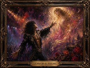 A glam-rock figure reaches toward a luminous woman emerging from swirling gold, rose, and violet light above a shadowy concert landscape. Dramatic stage lighting, deep blacks, crimson roses, and textured oil brushwork create a passionate, dreamlike mood. An ornate gilded frame and engraved title plate complete the theatrical composition.