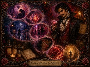 A charismatic Victorian-style Dr. Love dominates a richly painted romantic fantasy, surrounded by glowing vignette bubbles flowing in an S-curve through scenes of loneliness, attraction, dancing, intimacy, roses, and healing. Deep crimson, violet, midnight blue, and gold create dramatic warmth, framed by ornate wrought iron and floral details.