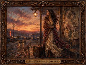 A solitary woman waits beside a weathered roadside platform at sunset, clutching a flowing shawl near an old travel case. Warm amber light, dusty rose clouds, deep blues, and glowing lamps create a bittersweet, nostalgic mood. Rich oil-paint textures, scattered rose petals, worn posters, and an ornate musical frame complete the scene.
