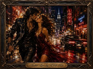 A passionate couple moves through a rain-slicked neon city night, surrounded by glowing signs, speeding traffic, and shimmering reflections. Rich reds, golds, blues, and blacks create a dramatic, romantic mood. Energetic oil-paint brushwork, cinematic lighting, flowing fabric, ornate metal framing, and an engraved title plate reinforce the images restless rock-and-roll intensity.