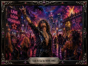 A swaggering rocker dominates a neon-soaked city street, arm thrust skyward as a jubilant crowd dances around him beneath blazing signs and skyscraper lights. Painted in lush, impasto-like strokes, the scene glows with hot pinks, violets, blues, and golds, framed by ornate jewel-studded trim and a gleaming engraved title plate.