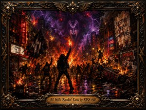 A fiery urban uprising erupts beneath a storm-dark sky, where silhouetted rebels, burning wreckage, neon signs, and wet pavement create a charged apocalyptic scene. Crimson, orange, violet, and black dominate the dramatic oil-painted composition, framed by ornate gothic metalwork, skull motifs, and a centered engraved title plate.
