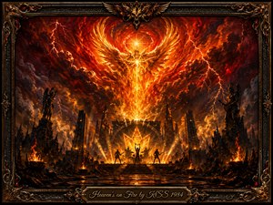 A blazing fantasy rock spectacle unfolds beneath a stormy inferno sky, where a fiery winged form rises above silhouetted musicians on a monumental stage. Crimson, orange, gold, and black dominate the dramatic oil-painted scene, illuminated by lightning, flames, and radiant beams. An ornate metallic frame and engraved title plate complete the theatrical composition.