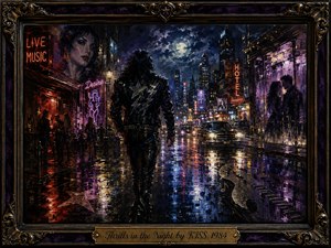 A lone leather-clad figure strides through a rain-soaked neon city at night, surrounded by glowing clubs, passing cars, and shimmering reflections. Deep blues, purples, crimson, and amber create a seductive, restless mood. Expressive oil-paint textures, moonlit skyscrapers, musical symbols, and an ornate dark frame enhance the dramatic 1980s rock atmosphere.