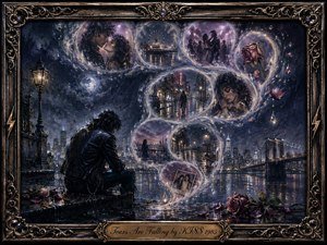 A solitary man sits beside a rain-soaked city waterfront, surrounded by glowing memory bubbles tracing an elegant S-curve through the night. Romantic scenes, wilted roses, photographs, and falling droplets evoke heartbreak and nostalgia. Deep blues, violets, silver reflections, and warm highlights create a cinematic, painterly atmosphere within an ornate metallic frame.