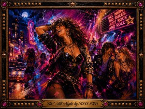A vibrant mixed-media painting captures a jubilant woman dancing through a neon-soaked city night, surrounded by laughing revelers, glowing signs, headlights, and distant stage lights. Electric pinks, purples, blues, and golds create a wild, celebratory mood, while expressive brushwork, splattered color, ornate framing, and the engraved title plate heighten the glamorous 1980s rock atmosphere.