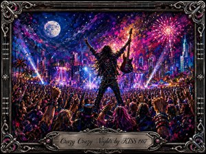 A triumphant rock guitarist stands above a roaring nighttime crowd as fireworks, neon stage lights, and a glowing moon ignite the city skyline. Electric blues, purples, magentas, and gold create a wild celebratory mood. Painterly textures, dramatic lighting, ornate metallic framing, and the engraved title plate complete the energetic composition.