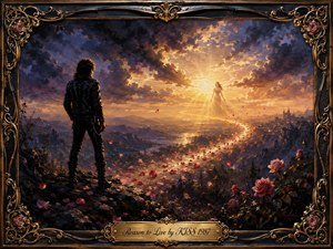 A lone dark-clad figure stands on a rocky overlook, facing a radiant horizon where storm clouds break into golden light and an ethereal woman appears in the distance. A glowing S-curved trail of rose petals winds through the valley. Rich blues, violets, amber, and gold create a romantic, hopeful oil-painted atmosphere within an ornate floral frame.