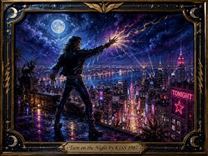 A long-haired rock figure stands on a rain-slick rooftop, reaching into an electrified night above a glittering neon city. Deep blues, violets, magentas, and gold create an exhilarating, mysterious mood. Dramatic moonlight and radiant energy streaks illuminate the oil-painted scene, enclosed by an ornate celestial frame and engraved title plate.