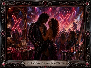 A glamorous couple stands close beneath blazing neon X symbols in a decadent 1980s rock club, surrounded by dancers, stage lights, mirrors, and concert haze. Crimson, violet, pink, and midnight blue glow across leather, satin, and chrome. Rich oil-painted textures, dramatic lighting, ornate metal framing, and an engraved title plate complete the seductive scene.
