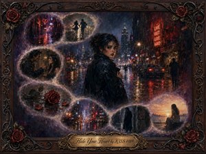 A solitary woman stands on a rain-soaked city street, surrounded by dreamlike memory scenes flowing in a soft S-curve. Crimson, midnight blue, purple, and amber reflections heighten the tense, romantic mood. Painterly oil textures, neon lights, roses, shadowy figures, and an ornate carved frame create a dramatic, cinematic atmosphere.