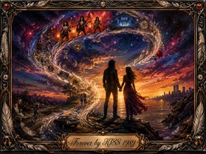 A romantic, fantasy-like rock painting shows a couple standing hand in hand on a cliff at sunset, facing a glowing horizon and distant city skyline. Around them, an S-shaped swirl of memories, KISS performers, symbols, and keepsakes arcs through a star-filled sky, all enclosed by an ornate metallic frame and engraved title plate.