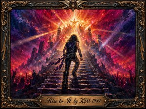 A lone rock figure climbs a monumental staircase toward a blazing, star-crowned summit, surrounded by cheering silhouettes, stage towers, smoke, and sparks. Saturated crimson, violet, blue, and gold create an electrifying, triumphant mood. Dramatic beams illuminate the ascent, while richly textured oil-painting details and an ornate bronze-black frame complete the scene.