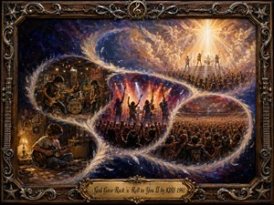 A sweeping S-curve of feathered light links a young guitarist, a garage band, roaring concert stages, and a vast united crowd, culminating beneath a radiant celestial glow. Rich blues, violets, reds, and golds create an uplifting, reverent mood. Detailed oil-paint textures, dramatic lighting, ornate rock-themed framing, and an engraved title plate complete the composition.