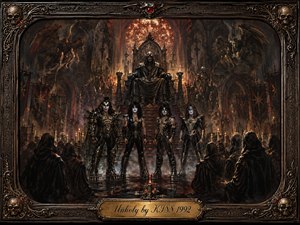 A dark gothic painting shows four theatrical rock figures standing before a sinister throne inside a fiery cathedral. Hooded worshippers, demons, candles, skulls, and glowing stained glass create an ominous ritual atmosphere. Black, bronze, crimson, and ember tones dominate, framed by ornate metalwork and a central engraved title plate.