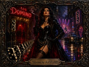 A sultry femme fatale commands a rain-soaked neon street outside Club Domino, surrounded by falling domino tiles, glowing signs, a vintage car, and distant rock performers. Rich reds, purples, blacks, and golds create a dangerous nocturnal mood, rendered in dramatic oil-painting style within an ornate metallic frame.