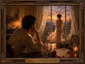 A romantic oil-painted interior glows with amber candlelight and a fiery sunset as a contemplative man watches a woman standing beside an open balcony. Flowing curtains, roses, scattered letters, and a framed portrait deepen the mood of longing and devotion. Ornate carved wood and gold detailing frame the intimate, nostalgic scene.