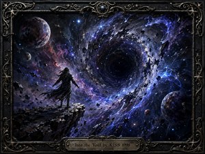 A lone figure stands on a shattered cosmic ledge, confronting a vast swirling void surrounded by planets, drifting debris, and luminous nebulae. Deep blues, violets, blacks, and silver highlights create an ominous, hypnotic mood. Dramatic celestial lighting and painterly detail enhance the surreal scene, enclosed by an ornate metallic frame.