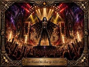 An electrifying rock spectacle unfolds as a star-cloaked frontman rises above a roaring crowd on a blazing arena stage, arms lifted in triumph beneath golden spotlights and fire. Rich reds, golds, and purples intensify the dramatic mood, while the ornate metallic frame and engraved title plate give the vivid digital painting a grand, ceremonial finish.