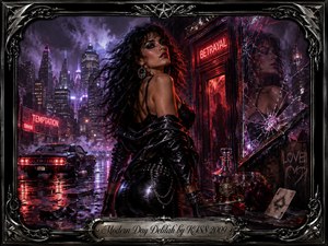 A fierce femme fatale dominates a rain-soaked neon city, surrounded by shattered reflections, glowing signs, roses, whiskey, and a waiting muscle car. Deep reds, purples, blacks, and chrome create a seductive, dangerous mood, while dramatic cinematic lighting and detailed digital painting give the framed scene a rebellious rock-noir intensity.