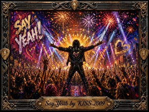 A triumphant rock figure stands with arms outstretched before a cheering concert crowd, surrounded by fireworks, confetti, and sweeping stage lights. Rich gold, red, violet, and electric blue tones create an exuberant atmosphere. Expressive acrylic-style brushwork, graffiti lettering, glowing hearts, and an ornate guitar-themed metal frame heighten the celebratory energy.