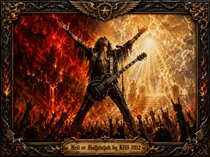 A triumphant rock guitarist stands between fiery crimson chaos and radiant golden heaven, arms raised above an energized crowd. Demonic shadows, lightning, flames, angels, and glowing stairways divide the dramatic background. Rich oil-painted textures, intense red-gold contrast, theatrical lighting, and an ornate black-and-gold frame amplify the powerful, celebratory mood.