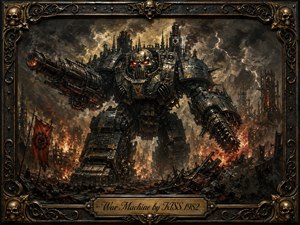 A colossal armored war machine advances through a burning industrial wasteland beneath a storm-dark sky, its red eyes glowing through smoke and lightning. Fiery orange embers contrast with blackened steel and bronze details. Dramatic oil-paint textures, shattered machinery, gothic ornamentation, and an engraved metal frame create a menacing, apocalyptic atmosphere.