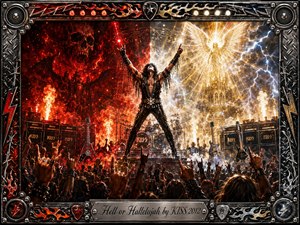 A fierce rock performer stands center stage between blazing red infernal flames and radiant golden heavenly light, arms raised above a roaring crowd. Amplifier stacks, guitars, drums, smoke, lightning, skull imagery, and an angelic figure heighten the dramatic contrast. Hyper-detailed digital painting and a chrome-studded frame create explosive concert-poster intensity.