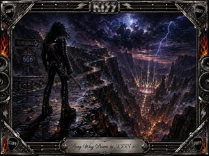 A lone leather-clad rocker stands above a vast, winding descent into a fiery canyon city beneath violent storm clouds. Deep blues, purples, blacks, and ember-orange light create a brooding, cinematic mood. Lightning, wet reflections, distant stage lights, and an elaborate chrome, speaker, flame, and guitar-themed frame reinforce the dramatic hard-rock atmosphere.