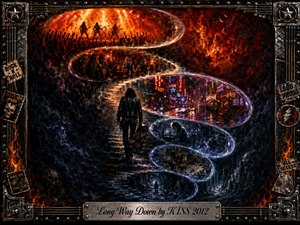 A lone leather-clad rocker carrying a guitar case descends a glowing S-shaped stairway through fiery concert scenes, neon nightlife, solitude, and a cold cavernous abyss. Rich reds, oranges, purples, and icy blues create dramatic contrast, while smoky oil-paint textures, chrome details, flames, posters, and a riveted rock-themed frame intensify the brooding atmosphere.