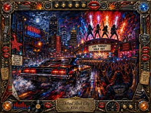 A powerful muscle car races through rain-slicked Detroit streets toward a blazing sold-out rock concert, surrounded by neon signs, cheering crowds, towering speakers, and fiery stage pyrotechnics. Vivid reds, blues, oranges, and chrome reflections create an electrifying nighttime mood, rendered in richly textured acrylic style within an ornate rock-themed frame.
