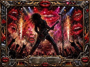 A silhouetted rock guitarist commands a blazing concert stage, surrounded by raised hands, crimson lips, pyrotechnics, smoke, and intense spotlights. Fiery reds, black leather, chrome, and gold create a rebellious glam-rock mood. Painterly textures and dramatic lighting fill the ornate metallic frame, centered by an engraved title plate.