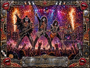 A blazing glam-rock concert erupts beneath vivid red, purple, blue, and orange stage lights as four theatrical musicians command a roaring crowd. Acrylic-style textures intensify flames, confetti, chrome, and smoky atmosphere. An ornate metallic frame of guitars, records, lips, cables, and gold detailing surrounds the explosive, celebratory scene.
