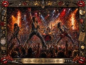 A thunderous glam-rock concert erupts beneath blazing pyrotechnics, sweeping spotlights, and falling confetti as leather-clad musicians command a roaring crowd. Fiery reds, oranges, black, chrome, and gold intensify the rebellious mood. An ornate memorabilia frame of lips, chains, skulls, guitars, tickets, and metallic details surrounds the richly textured painted scene.