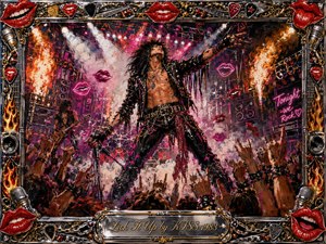 A flamboyant glam-rock singer commands a fiery concert stage, surrounded by raised hands, guitars, speakers, neon lips, and blazing pyrotechnics. Vivid reds, pinks, golds, and black dominate beneath brilliant spotlights. Expressive painterly textures heighten the wild, seductive energy, framed by chrome, gold filigree, microphones, flames, and glossy red lips.