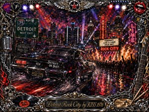 A black muscle car races through rain-slick Detroit streets toward a blazing rock concert, framed by neon marquees, smoky skylines, stage flames, and cheering silhouettes. Electric reds, purples, blues, chrome, and gold create a fierce nocturnal glow. Textured oil-style brushwork, motion streaks, and ornate musical metalwork amplify the rebellious energy.