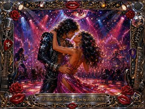 A passionate couple embraces beneath a glittering disco ball on a vibrant rock concert dance floor. Rich magenta, crimson, violet, gold, and chrome tones glow through dramatic spotlights, haze, confetti, and crowd silhouettes. Expressive oil-paint textures heighten the romantic energy, while guitars, roses, microphones, lips, stars, and ornate metallic details frame the scene.