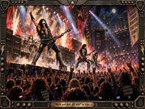A thunderous stadium rock performance erupts beneath blazing lights, fireworks, smoke, and a moonlit city skyline. Black leather, metallic hardware, fiery orange, crimson, and electric blue dominate the scene. Towering amplifiers, raised guitars, painted faces, and a roaring crowd create a theatrical, rebellious atmosphere within an ornate industrial concert frame.