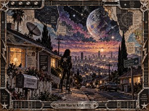 A lone glam-rock figure overlooks a glowing suburban city beneath an enormous planet and star-filled violet sky. Warm windows contrast with the cool cosmic horizon, evoking futuristic isolation and wonder. Torn-paper textures, diagrams, satellite dishes, and metallic details create a nostalgic collage, enclosed by a guitar-inspired chrome frame.