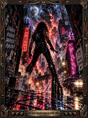 A leather-clad rocker stands defiantly in a rain-slick city street beneath a fiery, lightning-split sky. Crimson and violet neon illuminate towering buildings, drifting smoke, and a coiled microphone cable. Dramatic low-angle composition and intricate digital detailing create an explosive 1980s hard-rock atmosphere, enclosed by a weathered metallic guitar-themed frame.