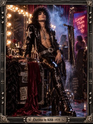 A flamboyant rock star in glittering black leather commands a smoky backstage lounge, surrounded by velvet, roses, mirrors, and neon. Golden vanity bulbs illuminate tousled hair and silver stars while crimson and violet shadows deepen the seductive atmosphere. Cinematic 1970s photography and an ornate metallic frame celebrate magnetic stage presence.