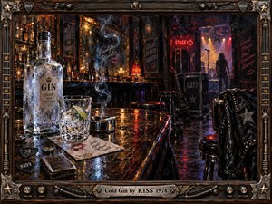 A frosted gin bottle and crystal glass dominate a smoky 1970s rock bar, where amber lamps and red neon illuminate worn wood and black leather. Curling smoke leads toward a shadowy stage silhouette. Rich oil textures, icy blue reflections, and an ornate guitar-inspired metal frame evoke gritty midnight rebellion.