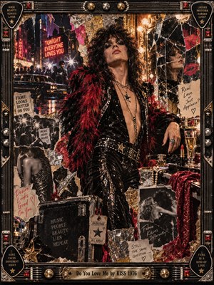 A flamboyant glam rock star commands a lavish backstage collage filled with shattered mirrors, neon streets, flashing cameras, and glittering accessories. Crimson feathers, black sequins, golden highlights, and vintage photographs create seductive theatrical tension. Dramatic lighting illuminates fragmented reflections, while an ornate metallic guitar-inspired frame celebrates fame, desire, and uncertain love.