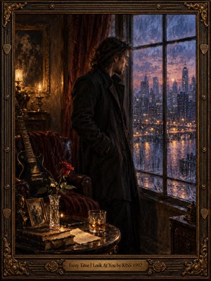 A solitary man in a dark coat gazes through a rain-streaked window at a violet city skyline. Warm candlelight illuminates a red rose, electric guitar, old letters, and amber glass, contrasting with the cool evening outside. Rich oil brushwork and an ornate bronze-trimmed frame evoke romantic longing and reflection.