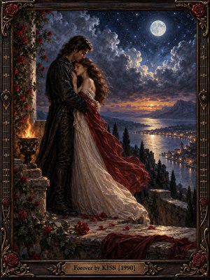 A couple embraces on a rose-covered stone terrace above a moonlit harbor, her flowing crimson and ivory garments stirring in the breeze. Dramatic blue clouds frame a glowing full moon while golden lights shimmer across distant water. Rich, romantic oil painting textures and an ornate bronze-trimmed frame evoke enduring devotion.