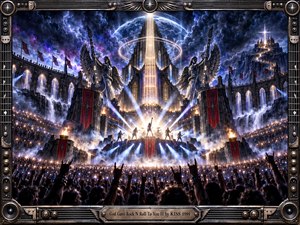 A colossal rock concert unfolds before a glowing gothic cathedral beneath stormy violet skies. Winged guitar statues flank the radiant stage, where silhouetted musicians command a sea of raised hands. Electric blue spotlights, golden fire, and celestial halos energize the dramatic digital painting, enclosed within an ornate metallic instrument-themed frame.