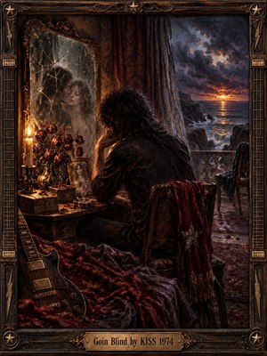 A solitary long-haired man sits before a cracked mirror reflecting a ghostly woman in a candlelit room. Wilted roses and a dark guitar surround him, while storm clouds gather above a glowing coastal sunset. Deep burgundy, bronze, and slate blues enrich the melancholy oil painting, enclosed by an ornate guitar-inspired frame.